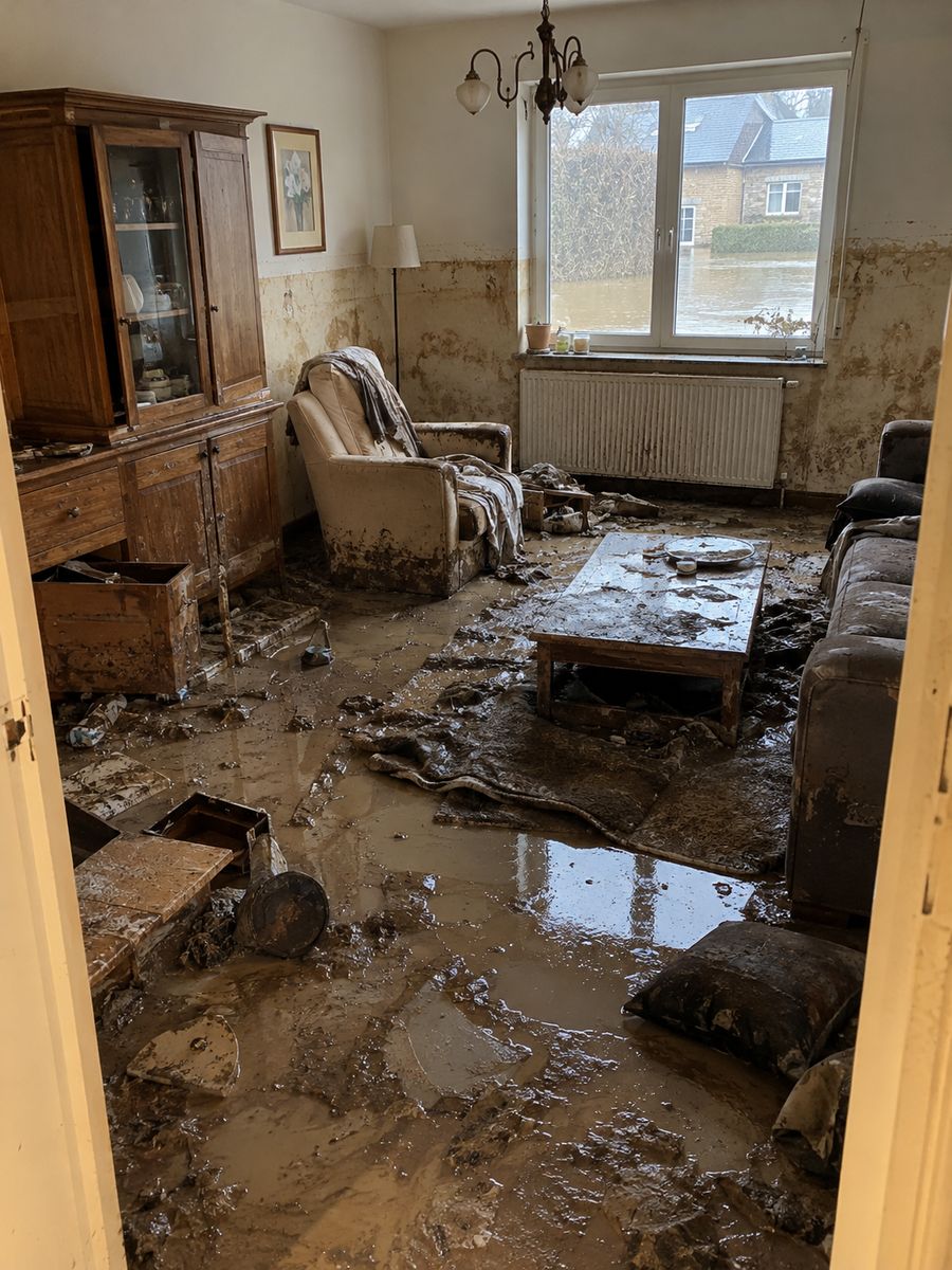 Pièce de rez-de-chaussée après une crue, traces de boue sur les murs, meubles abîmés par l’eau, tapis détrempés et débris au sol