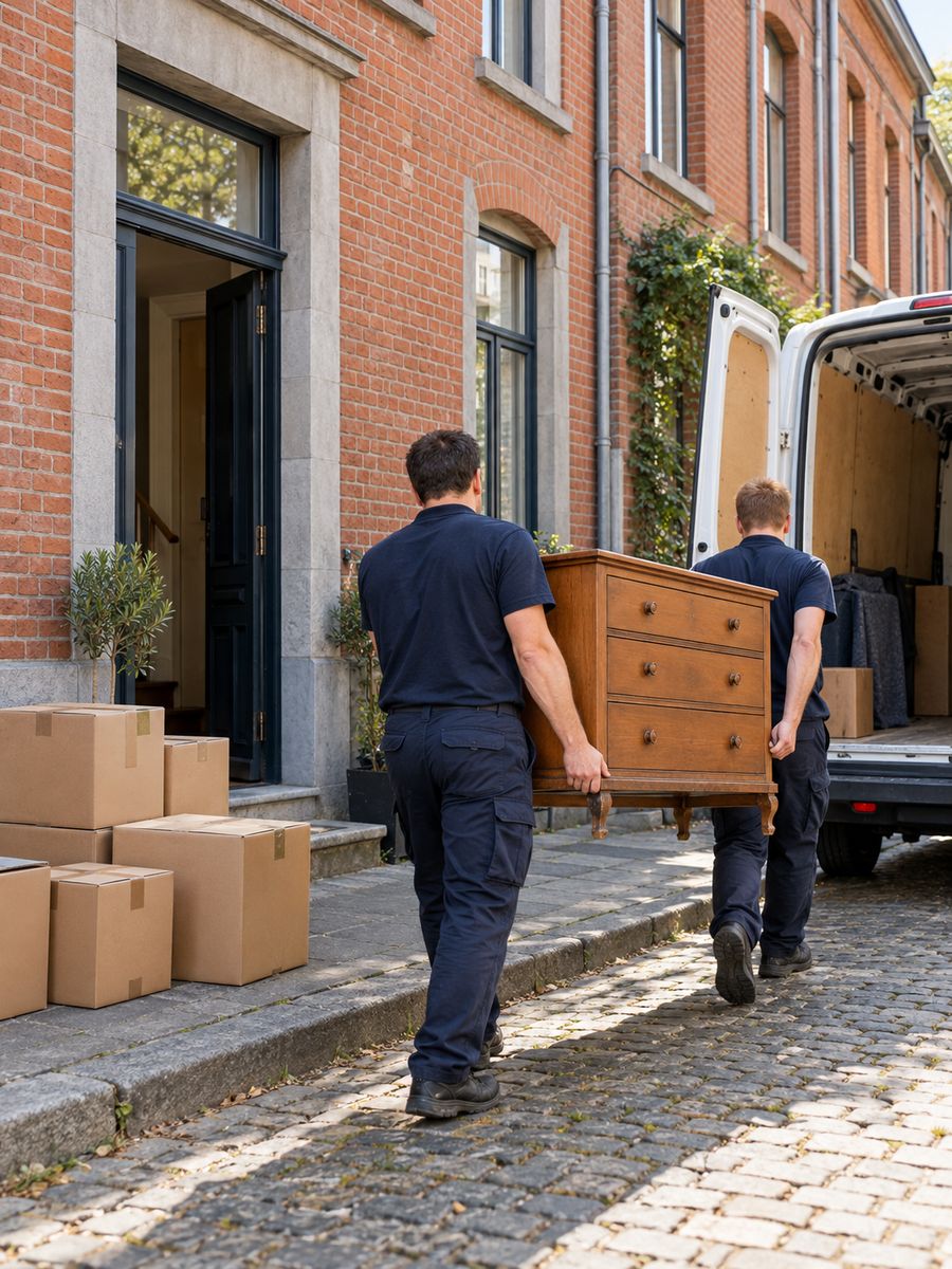 Équipe de vide maison en Belgique sortant une commode d’une maison en briques vers le camion de débarras
